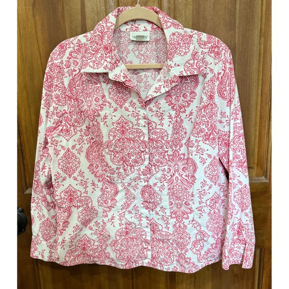 Coldwater Creek Tops - Coldwater Creek Women's L Pink White Paisley Print Button Down Shirt Long Sleeve